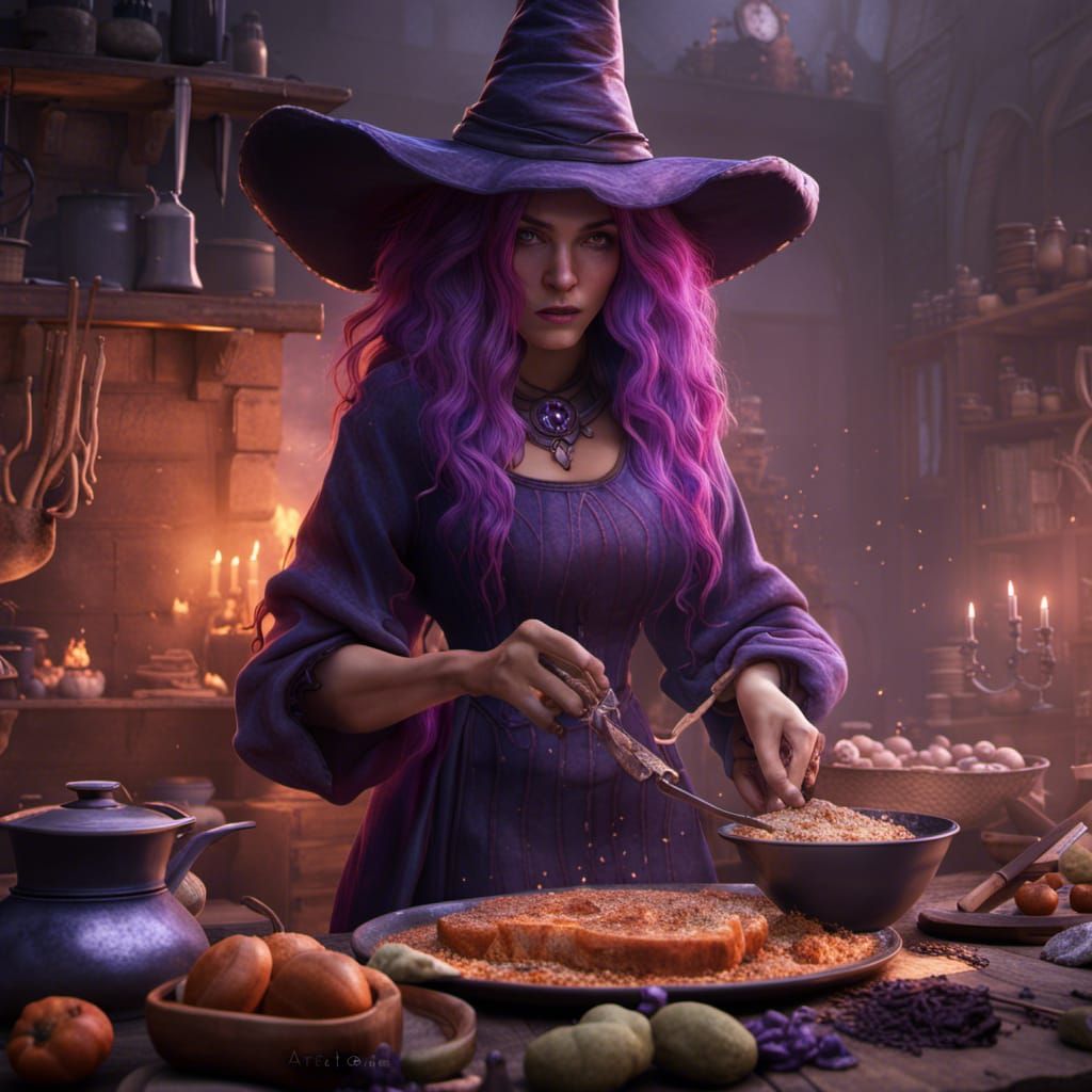 Sultry Witch Bakes in Enchanted Purple Realm