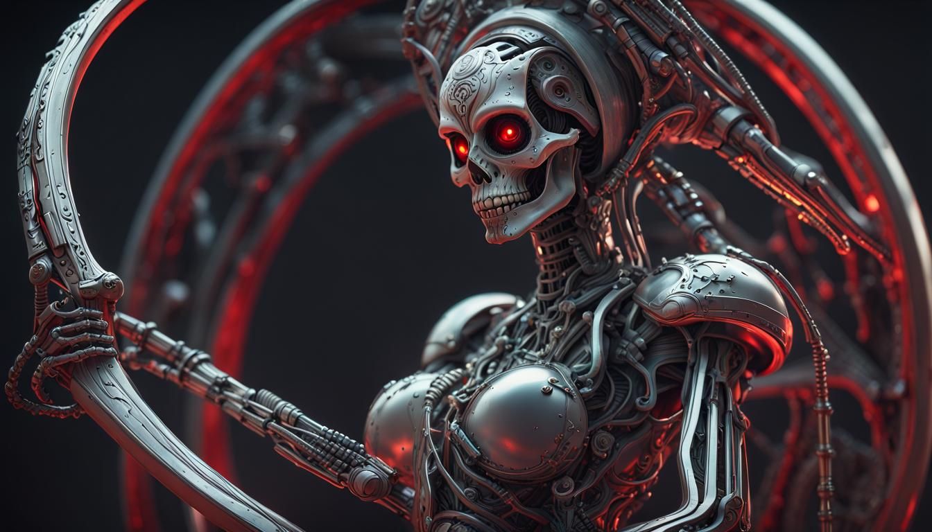 Cyborg Santa Muerte with Mechanical Owl in Sci-Fi Style