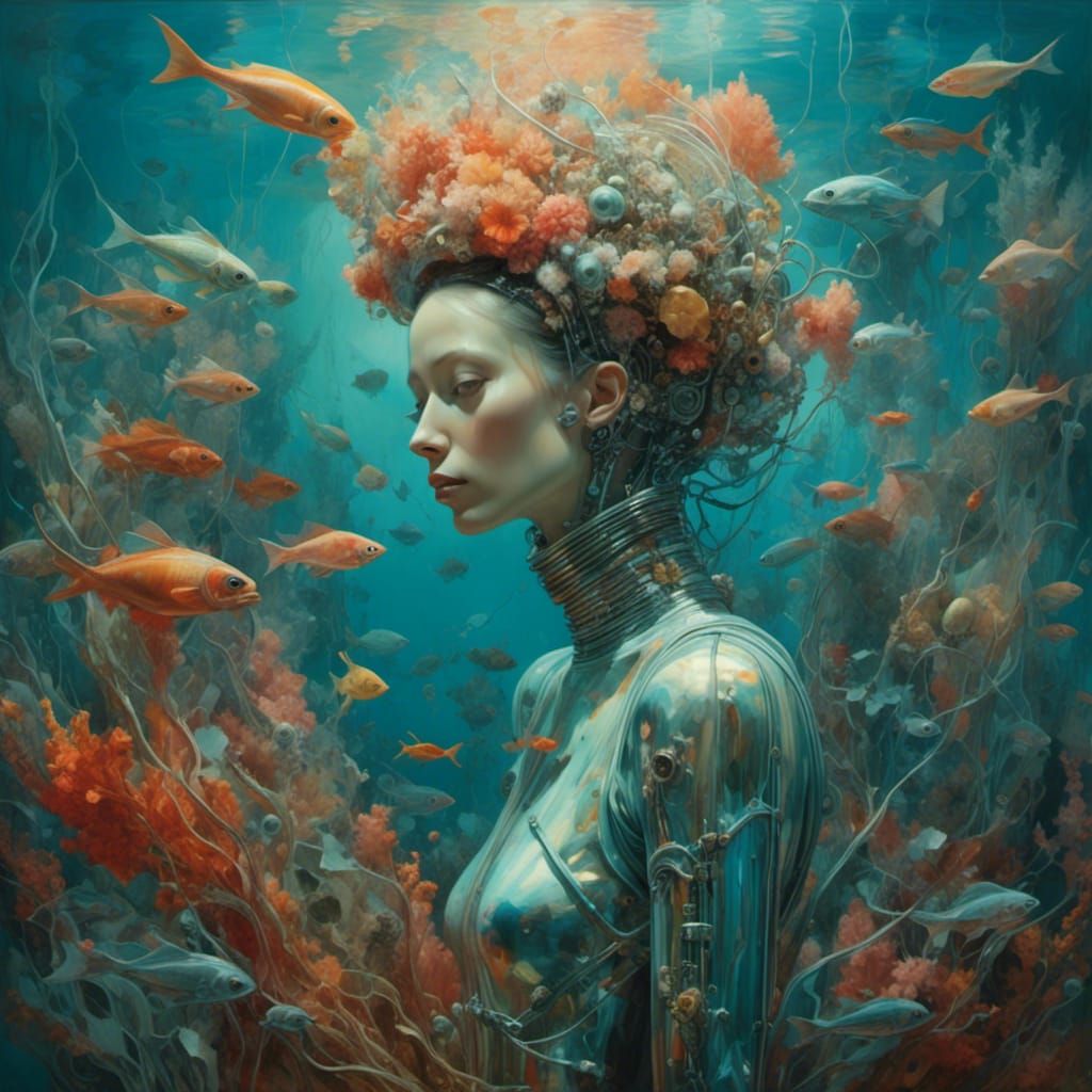 Dreamy Underwater Scene with Iridescent Fish and Vibrant Cor...