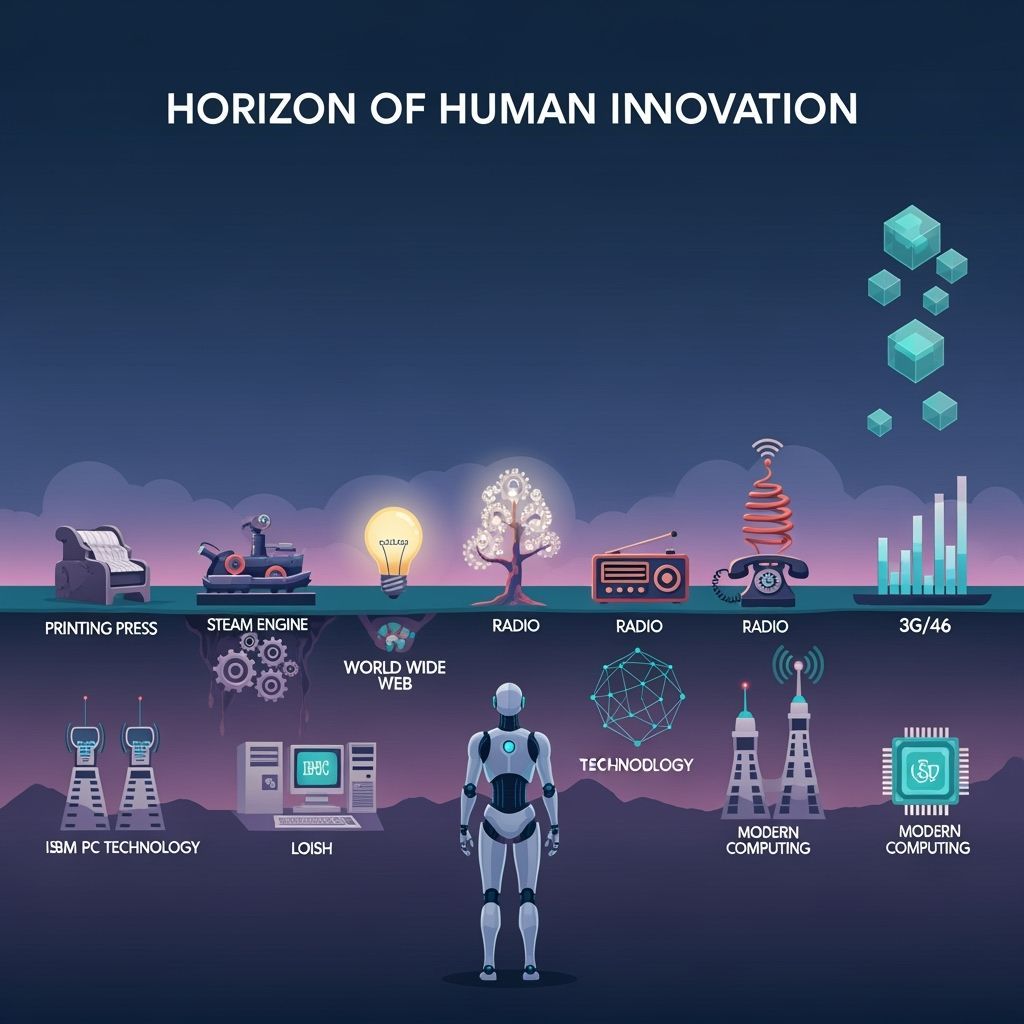 Futuristic Robot Observes Vector Landscape of Innovation