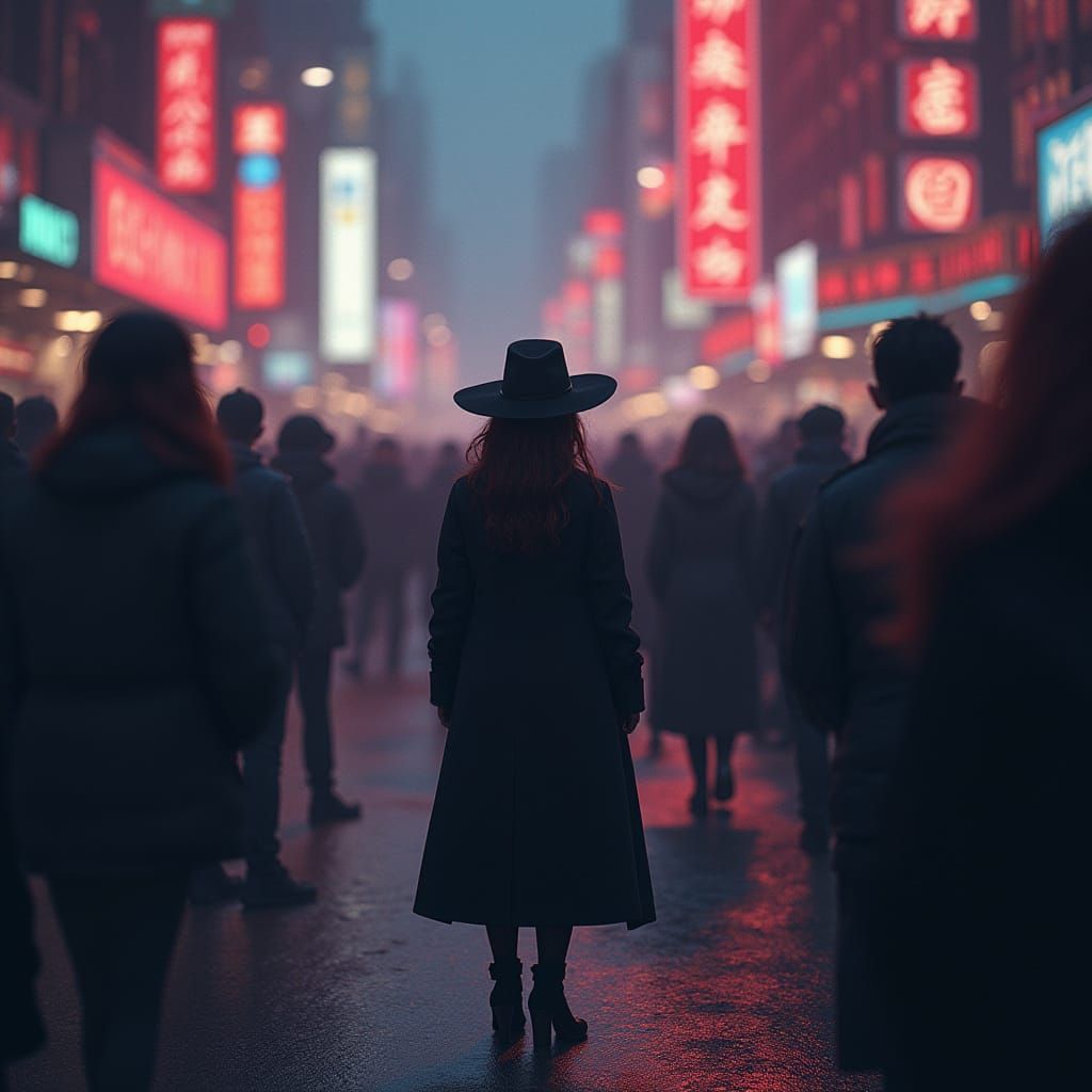 Isolated Figure in Neon Cyberpunk Cityscape