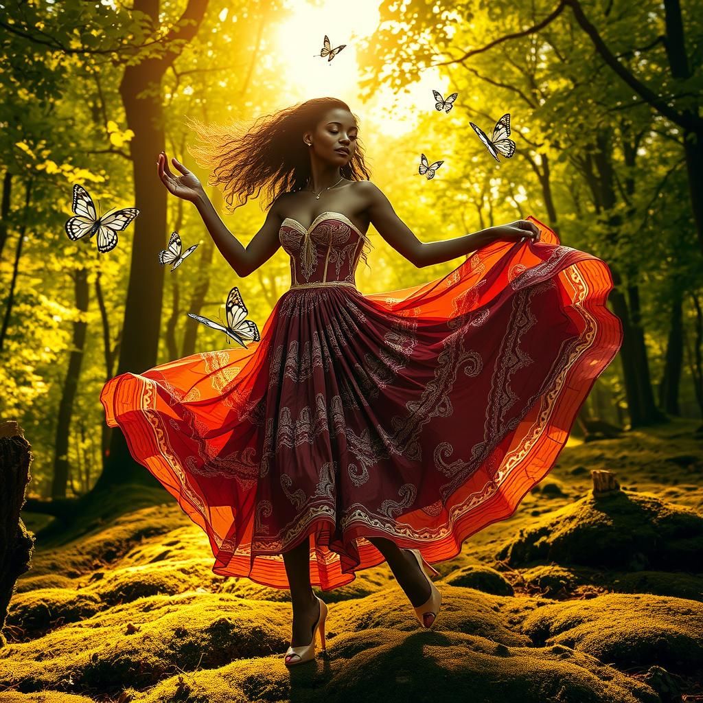 Ethereal Black Woman Dances in Sunlit Forest in Bohemian Sty...
