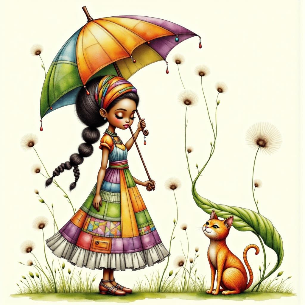 Girl with Dandelion Umbrella, Whimsical Watercolor Art