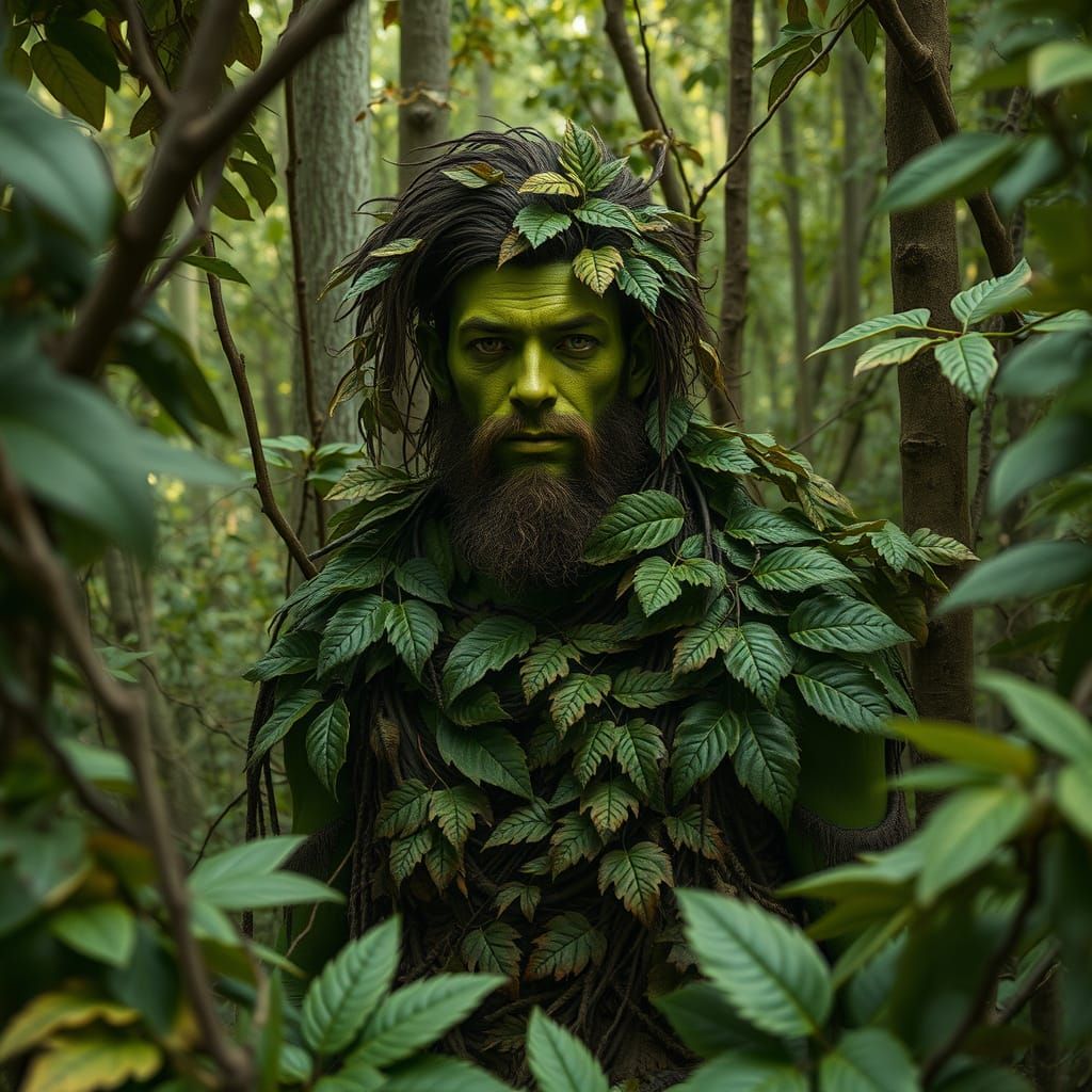 Mystical Green Man Blending in Lush Forest