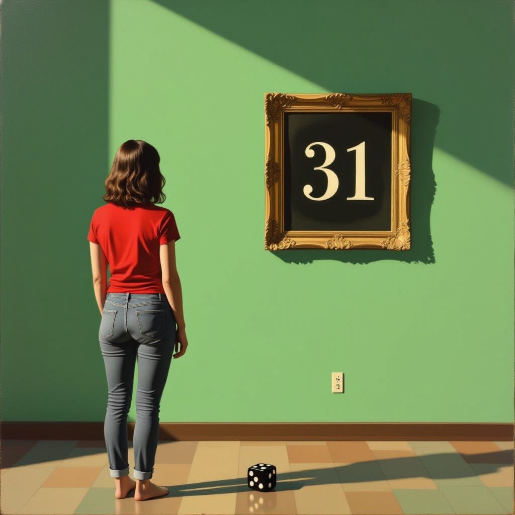 Woman Faces Number 31 on Wall in Surreal Room