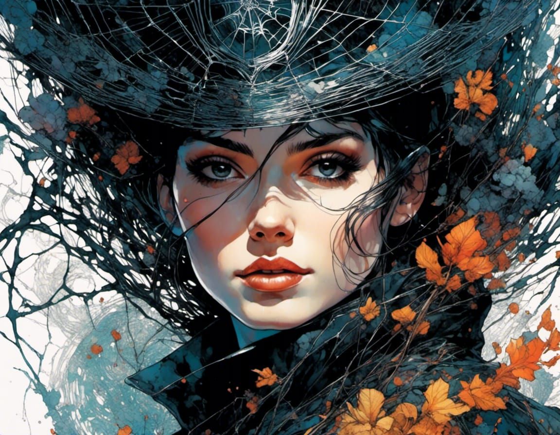 Surreal Cyberpunk Goddess Emerges from Intricate Black Web