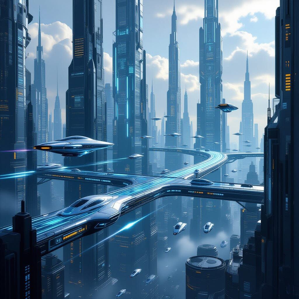 A futuristic alien cityscape with towering skyscrapers ...
