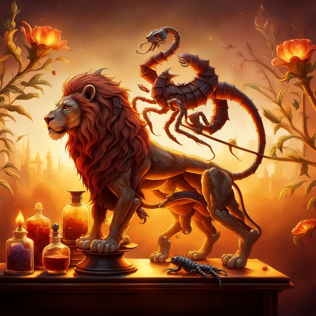 Regal Lion and Scorpion Unite in Whimsical Apothecary Scene