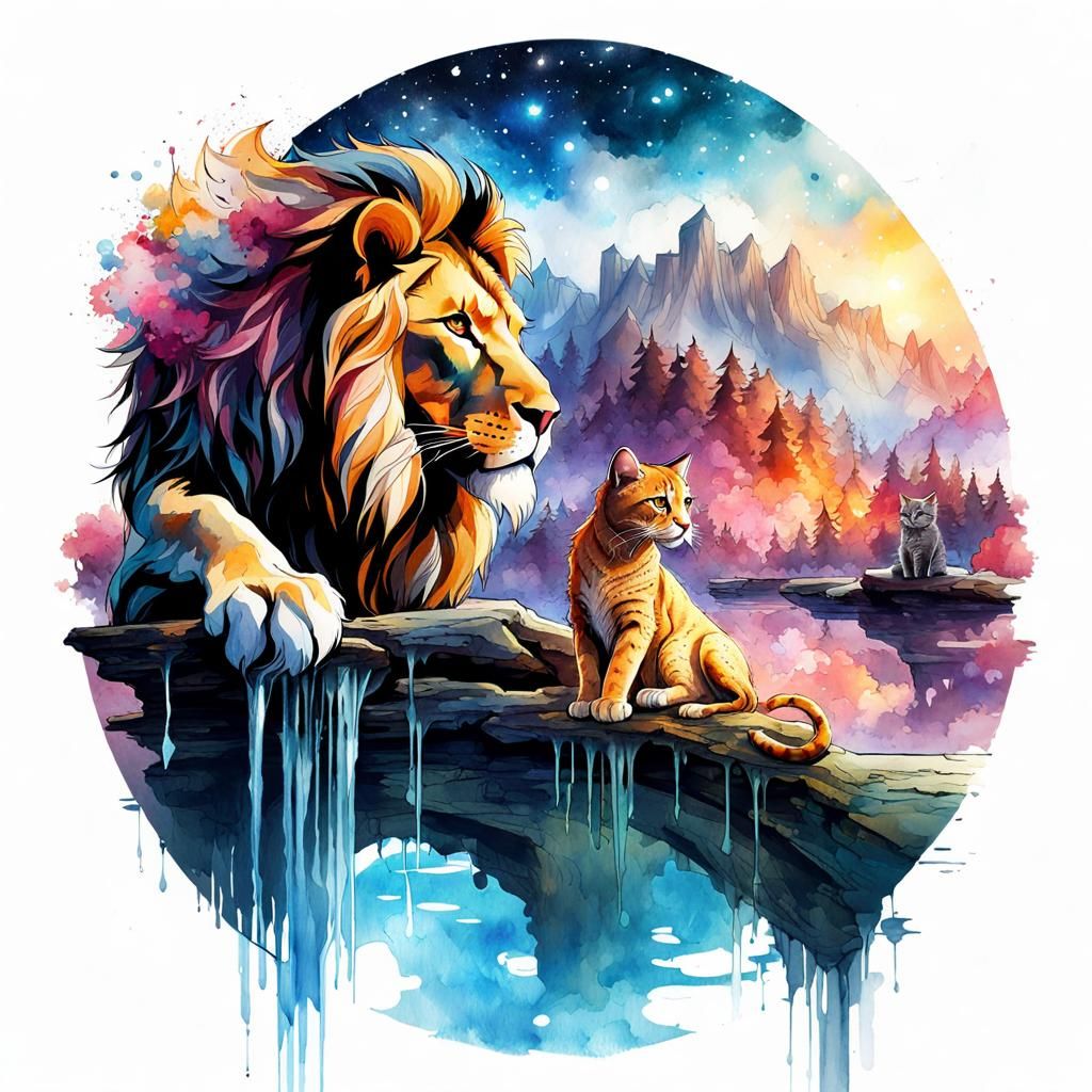 Fantasy Lions in Idealized Watercolor Realm