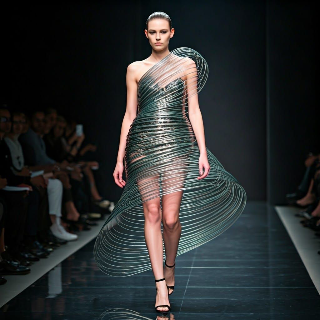 Avant-Garde Metallic Dress in Futuristic Catwalk Setting