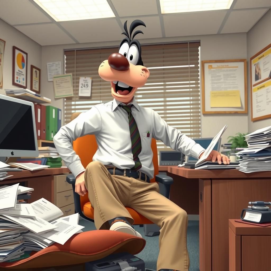 Goofy in Chaos, a Cartoonish Office Scene