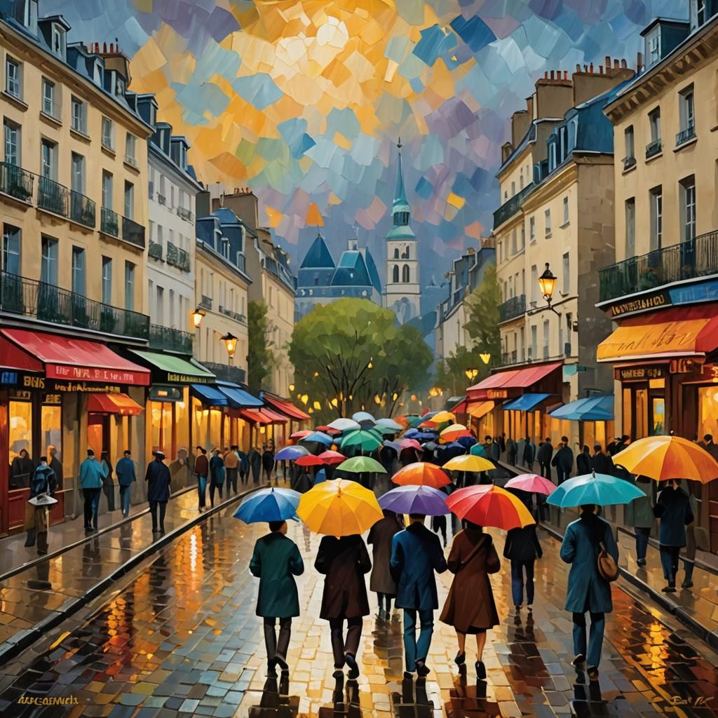Joyful Rainy Day in Montmartre's Historic Streets, Oil Paint...