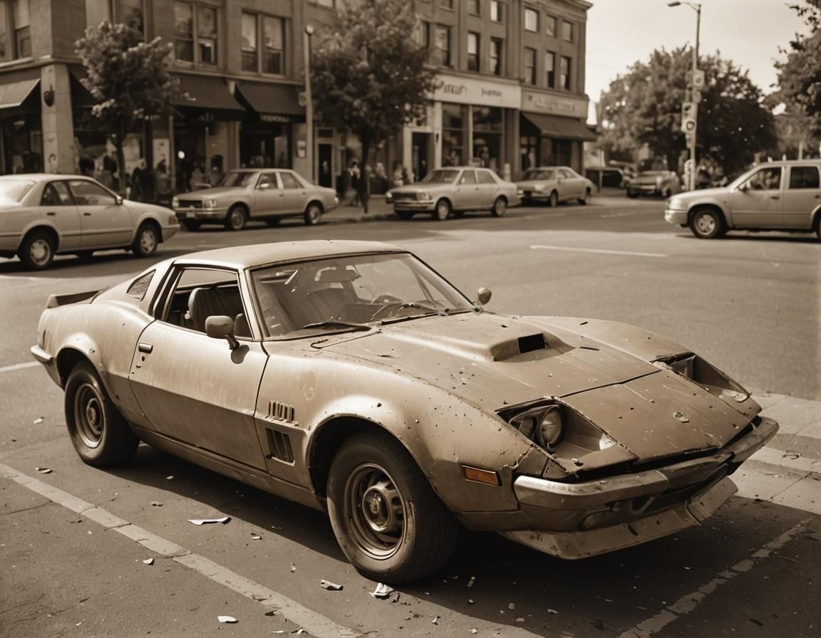 Vintage Rocket Shaped Sports Car in Sepia Tones