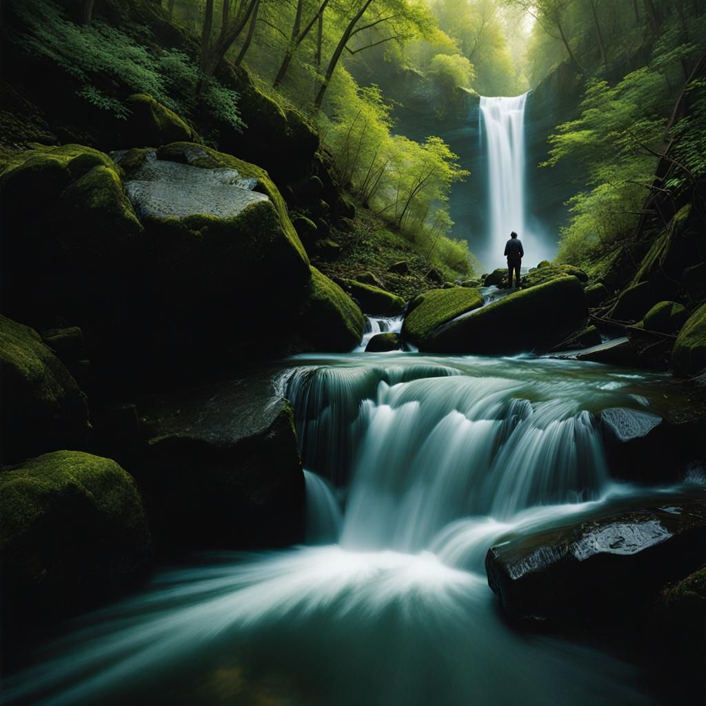 Waterfall in Vibrant Impasto Style with Double Exposure