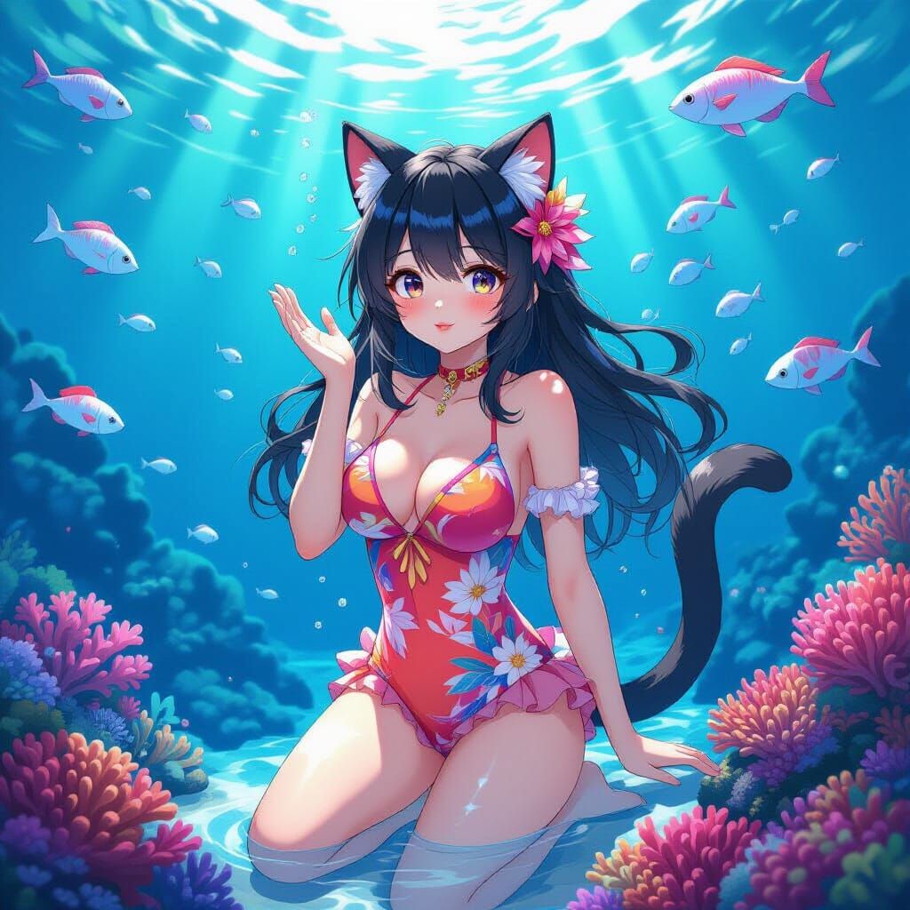 Anime Cat Girl in Underwater Coral Garden