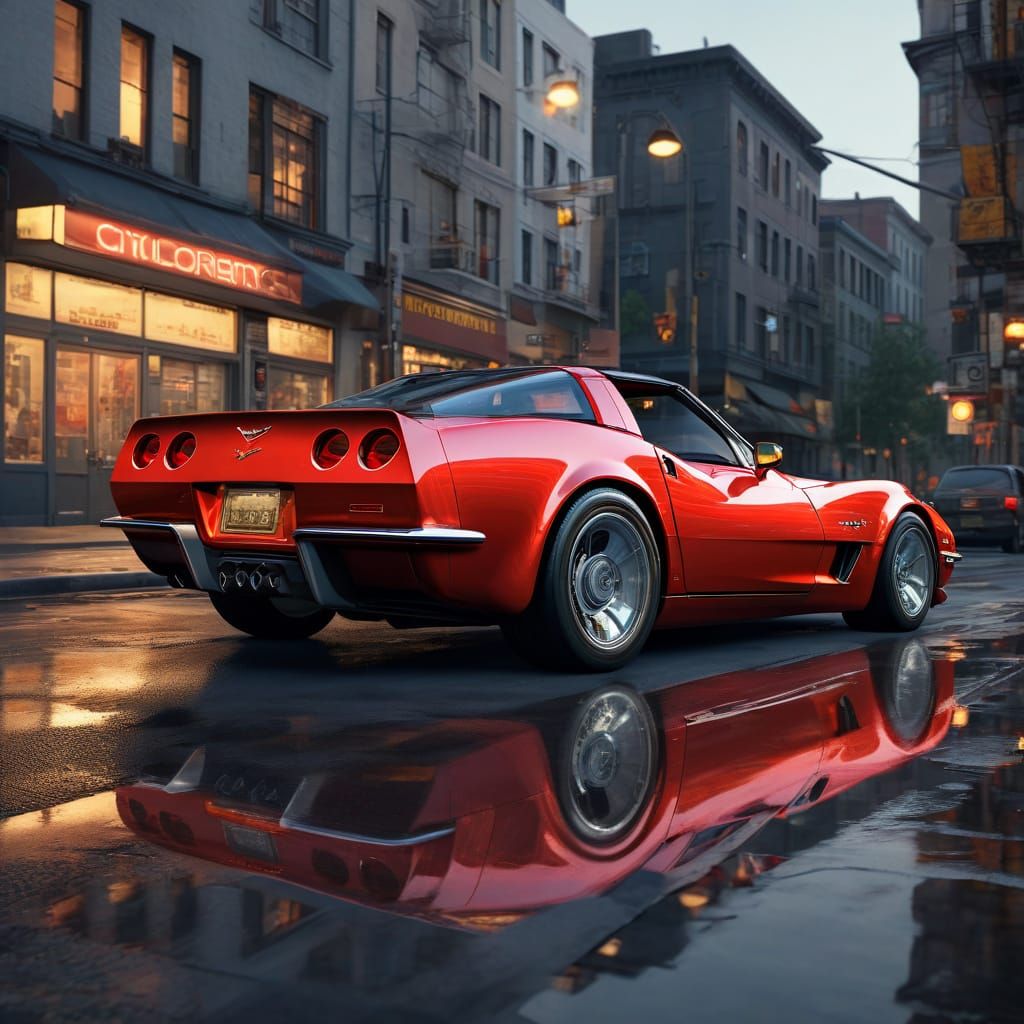 Red Corvette C4 on City Street at Dusk