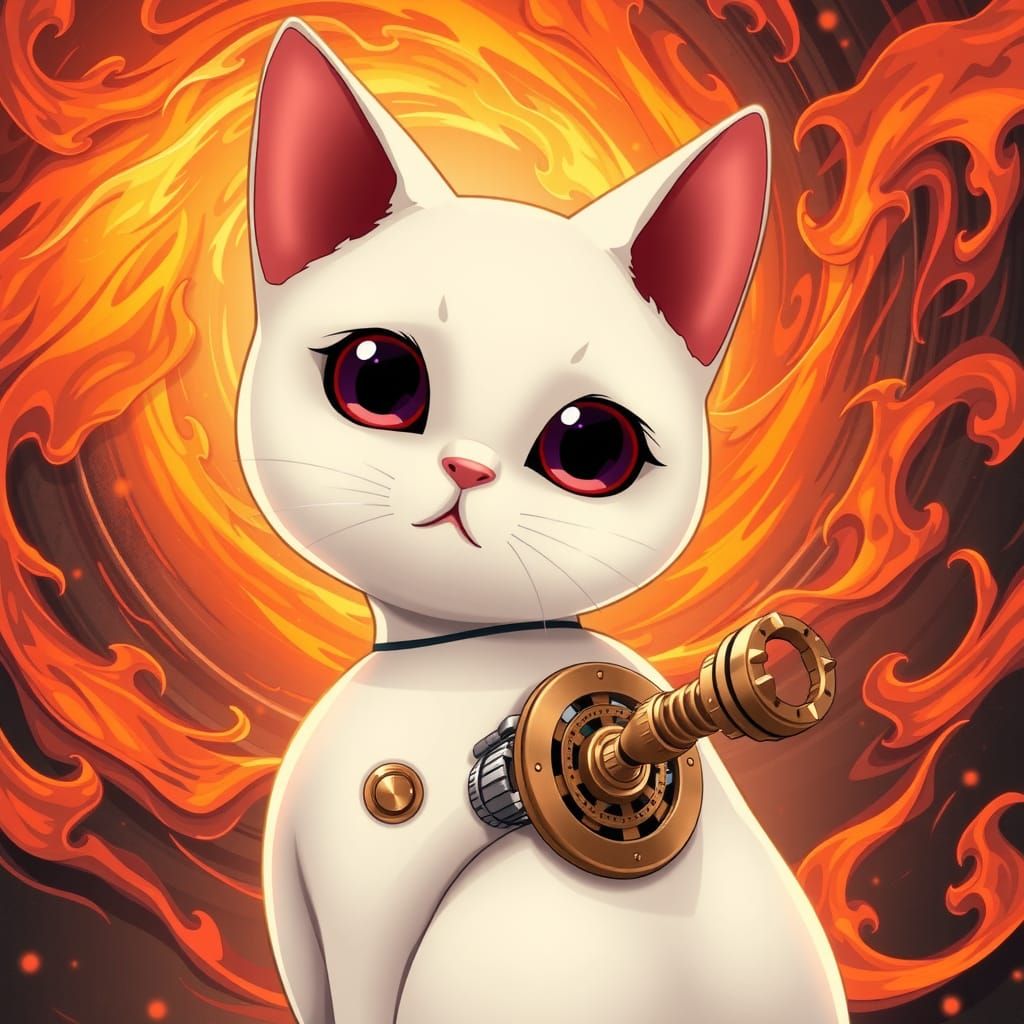 Cyberpunk Anime Cat Ignites with Fiery Energy