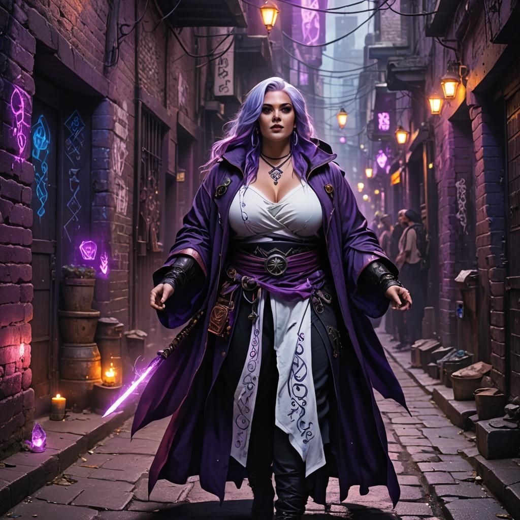 Enchanting Plus Size Sorceress in Vibrant Dimly Lit Alleyway