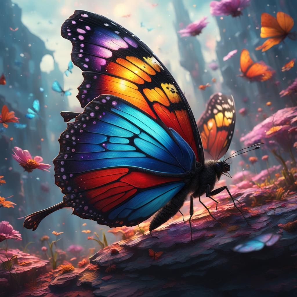 Surreal Butterfly Emerges from Vibrant Matte Painting