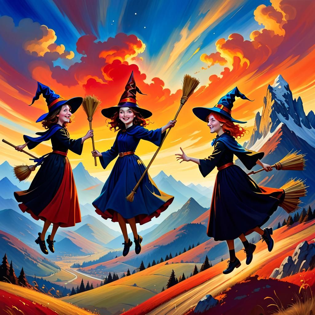 Three Little Witches Soar Through a Dazzling Mountainscape