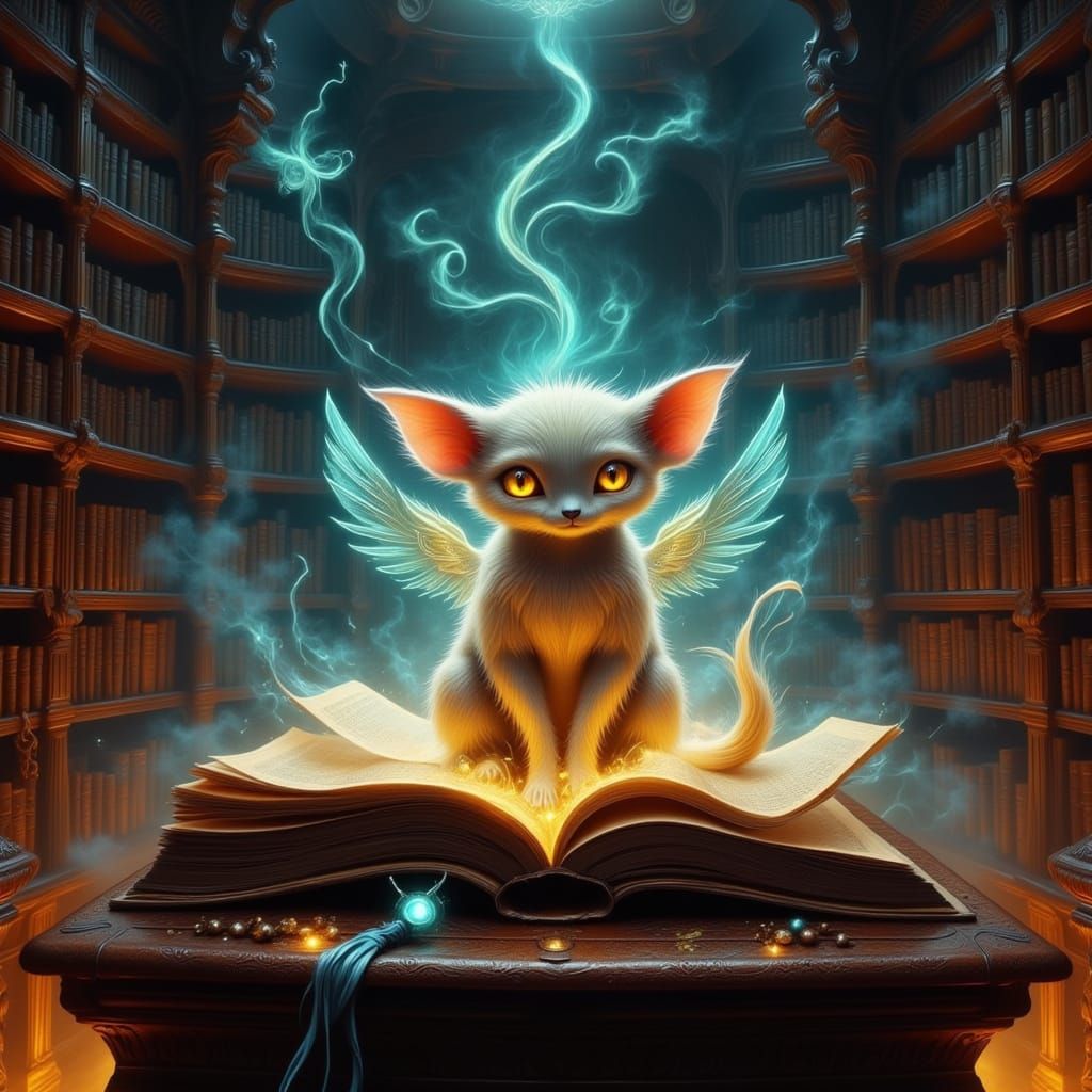 Mystical Creature Amidst Ancient Tomes in a Foggy Library