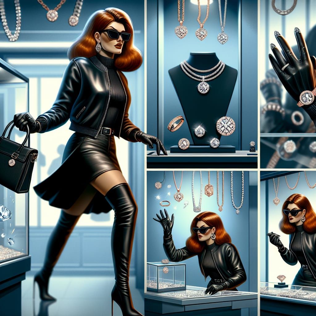 Confident Burglar in Sleek Black Leather Outfit