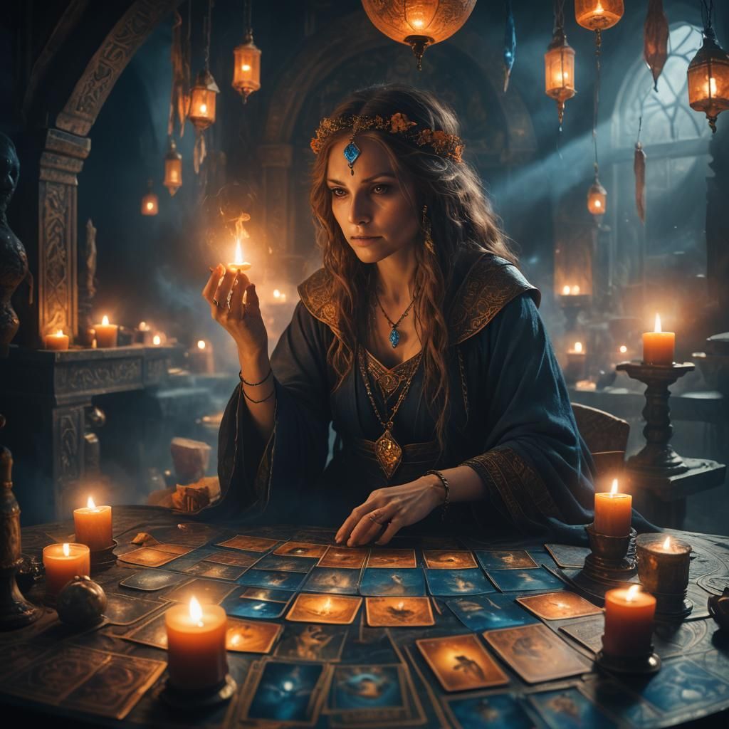 Mysterious Fortuneteller in a Dark, Eerie Chamber