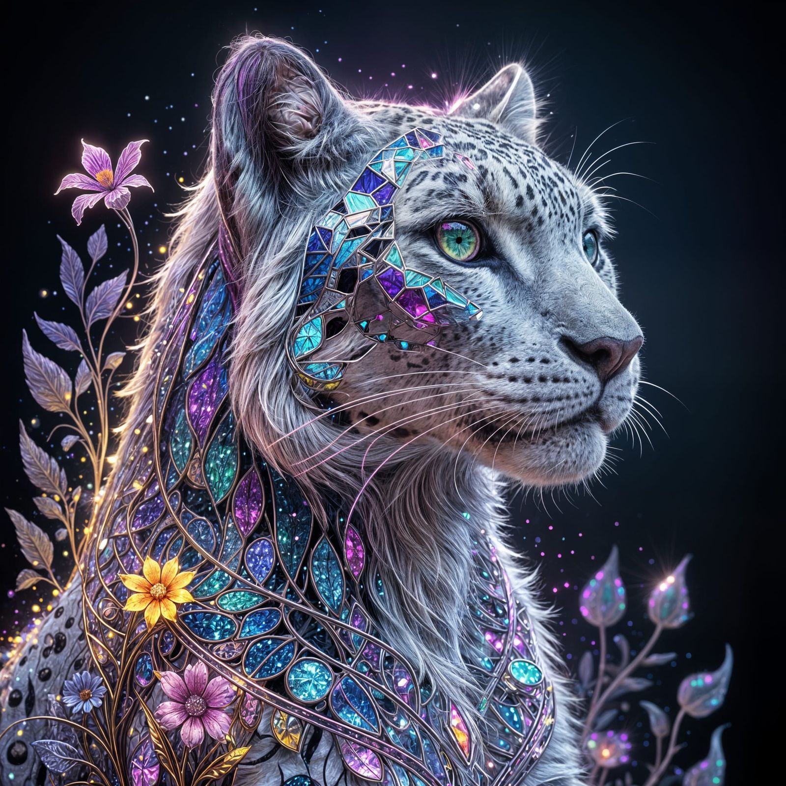 Mystical Snow Leopard in a Psychedelic Stained Glass Style