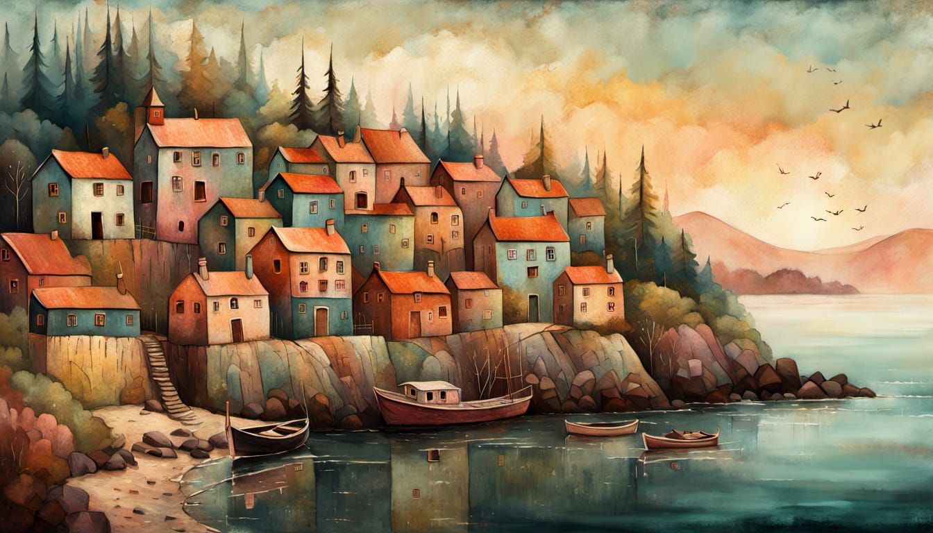 Whimsical Coastal Village in Lowbrow Art Style