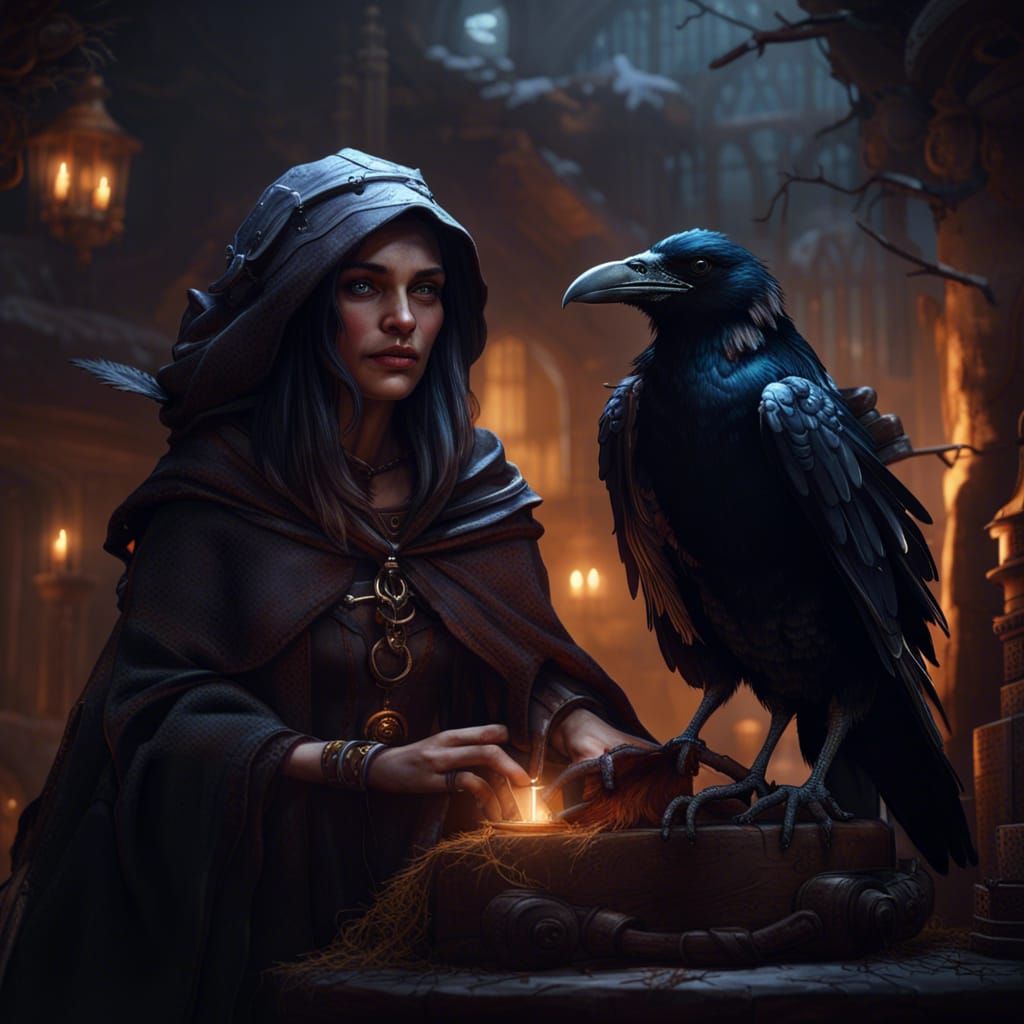 Dark Fantasy Witch and Raven in Intricately Detailed Art