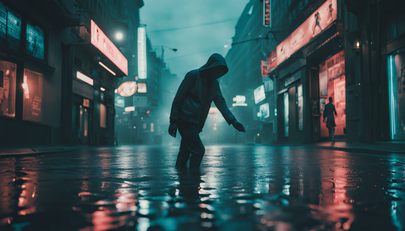 Surreal Figure Moves Through Neon City in Cinematic Photogra...