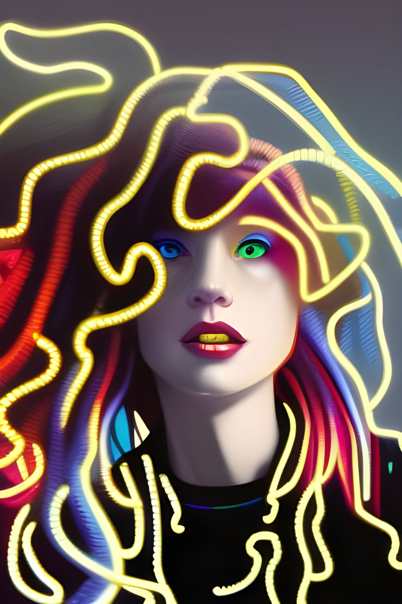 Vibrant Lady with Multicolored Hair in Neon Lighting