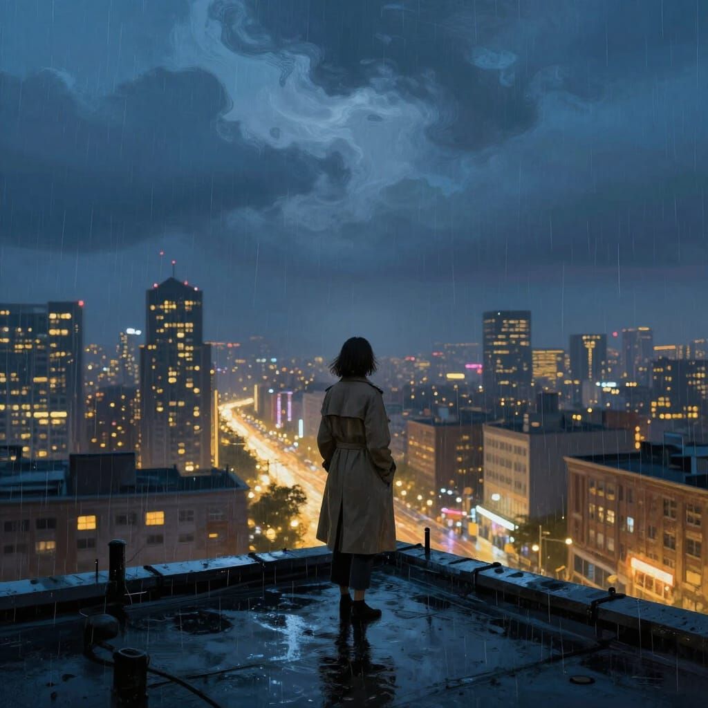 Woman Gazing at Neon Cityscape at Dusk