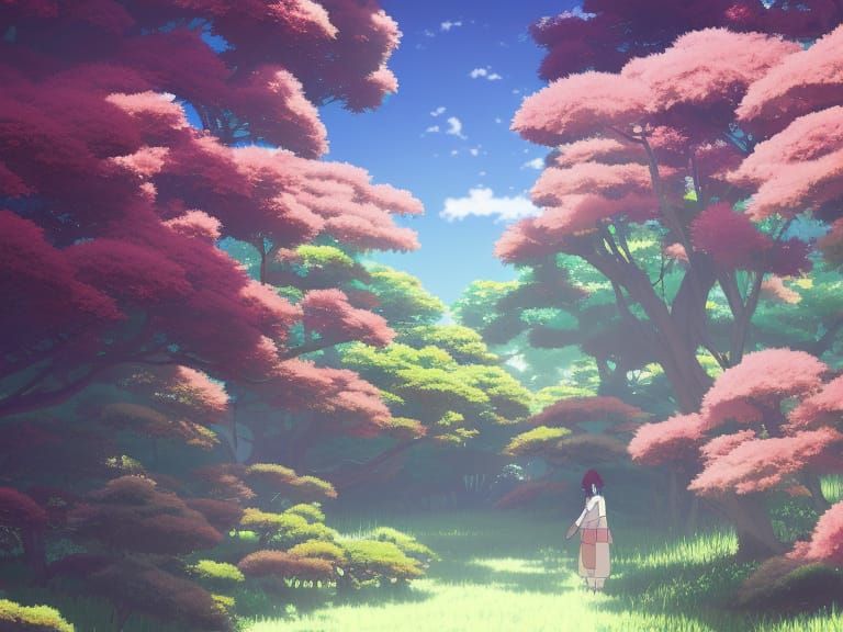 Whimsical Japanese Garden Concept Art in Deep Color