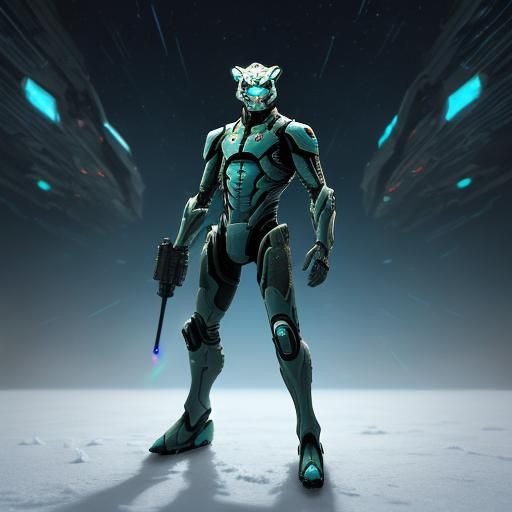 a Human soldier with snow leopard traits, armed with high-tech laser pistols in an otherworldly alien landscape.