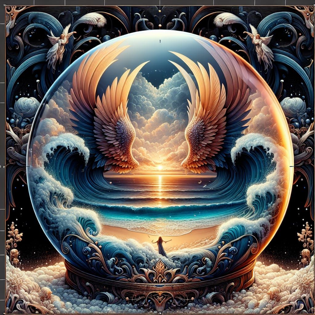 Surreal Angels in a Dreamy Snow Globe Scene in Fantasy Conce...