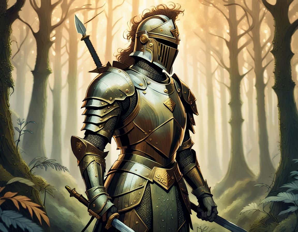 Warrior in Whimsical Armor, Enchanted Forest