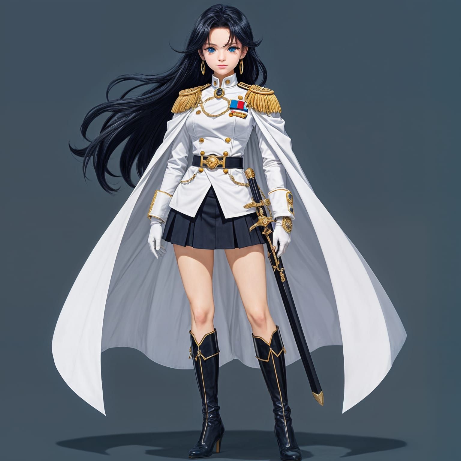 Anime Female Admiral in White Uniform with Sword and Cape