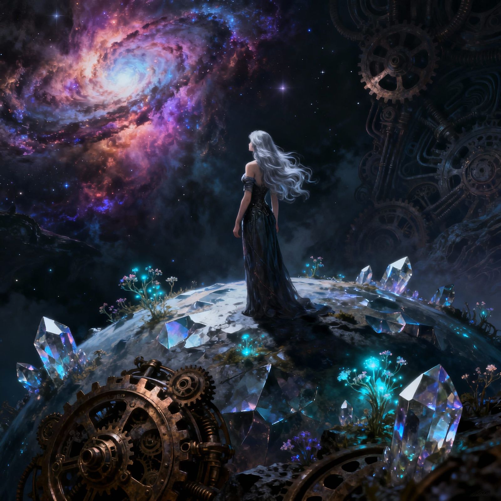 Woman on Crystalline Planet Gazing at Nebula