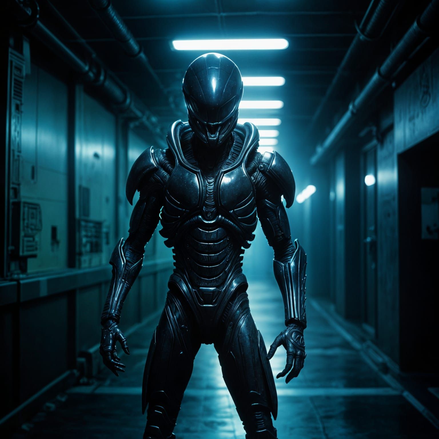 Heroic Xenomorph Hybrid in Dark, Gritty Futuristic Armor