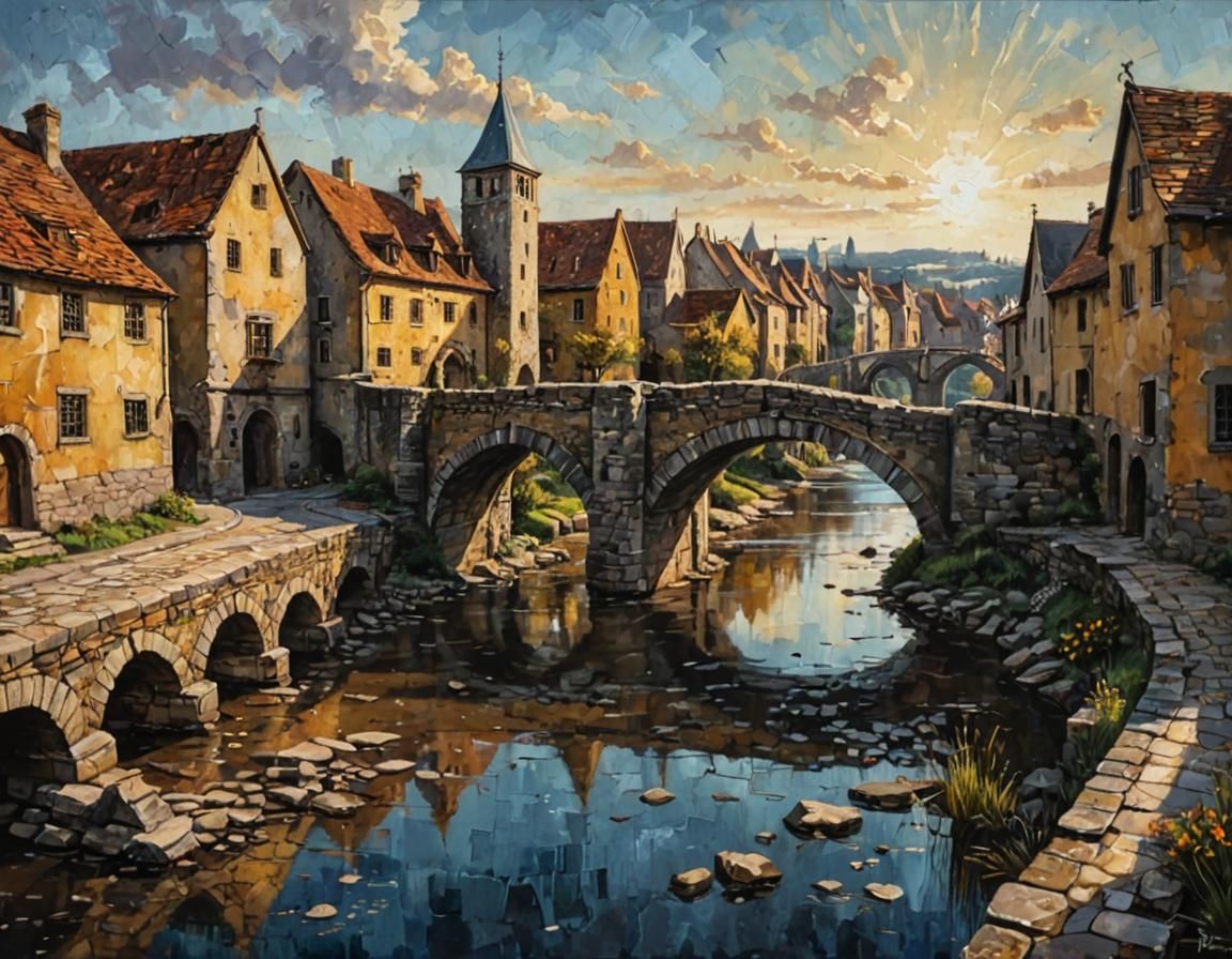 Medieval Town Scene in Warm, Golden Colors