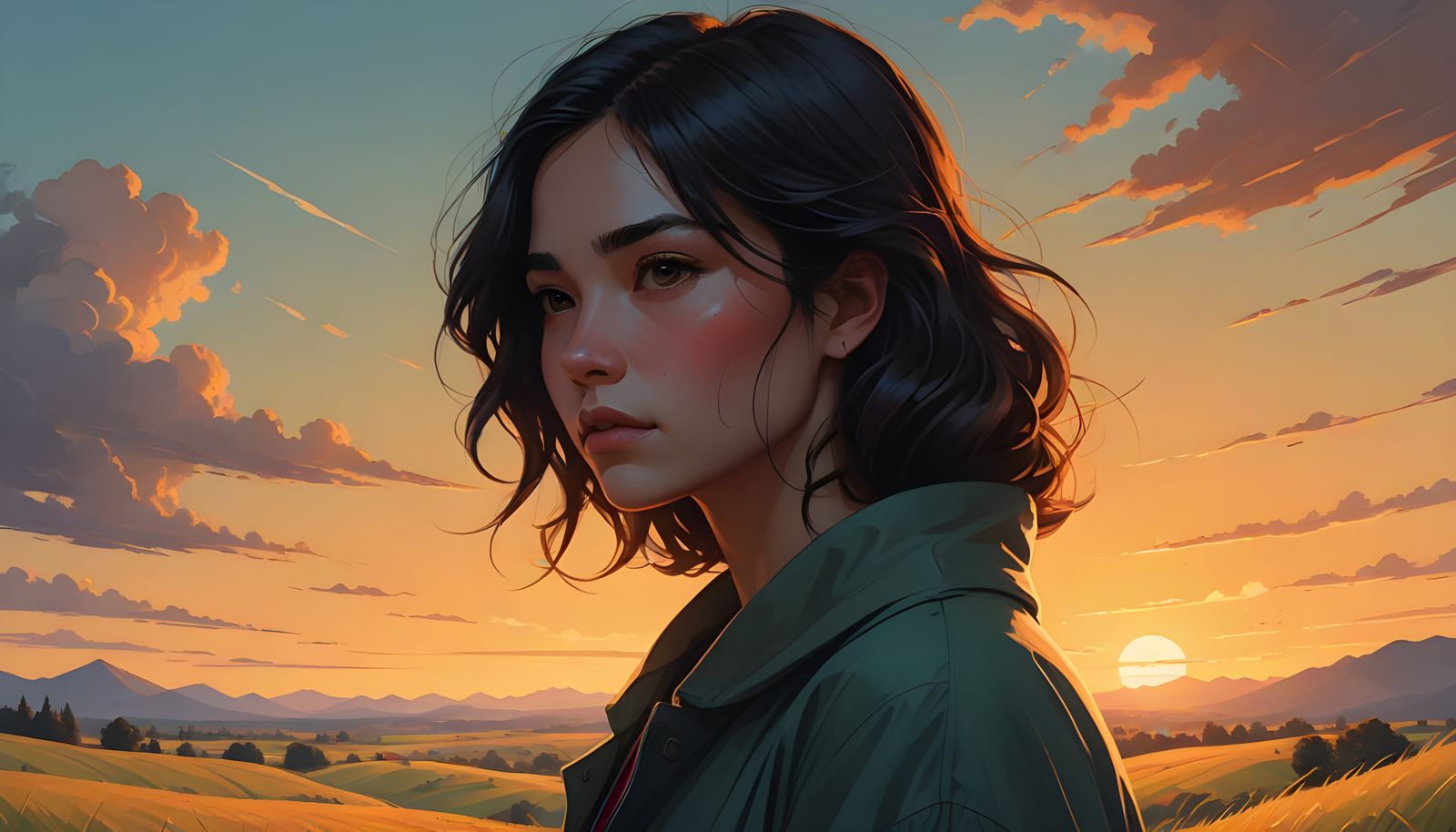 Soulful Woman in Twilight, Dark Hair, Doe-Brown Eyes, Elegan...