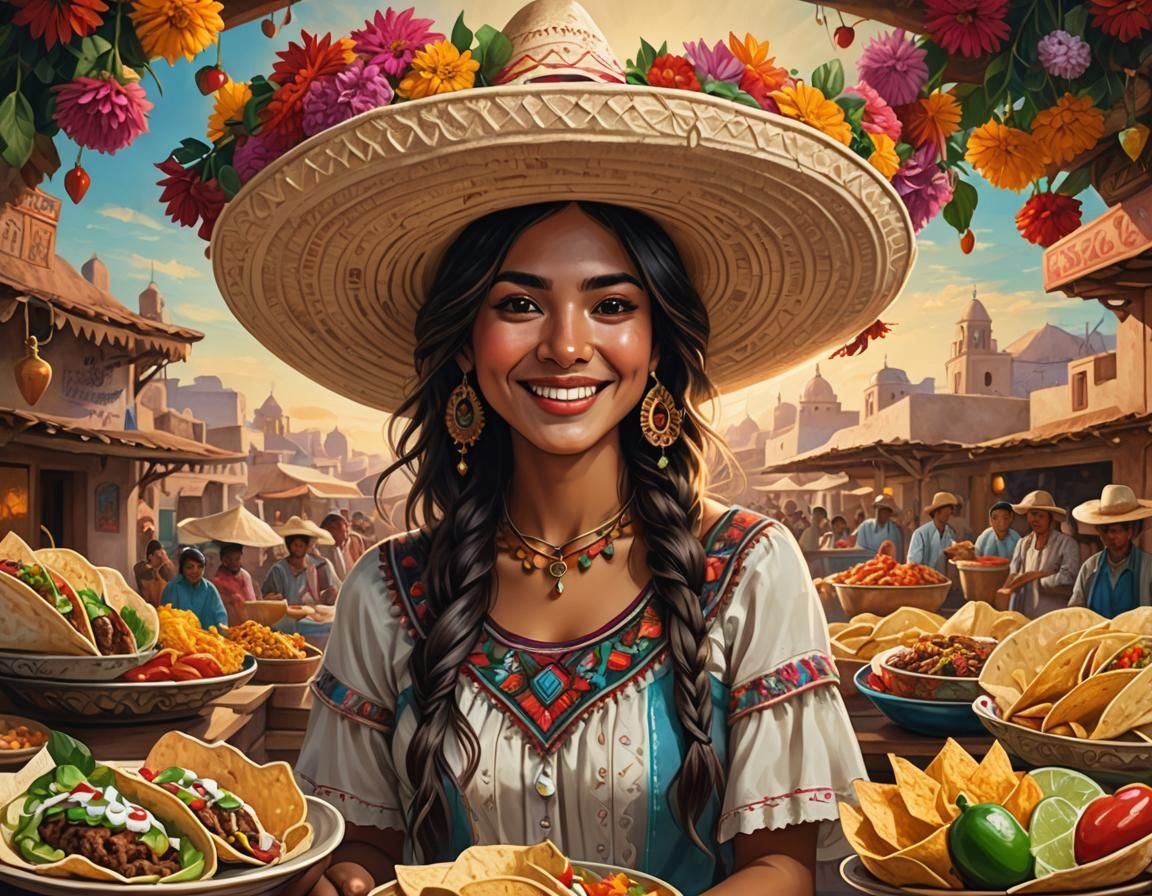 An Exotic portrait of 1 Mexican girl with sombrero, smiling while selling tacos, 🌮🌯   | dahlia flowers, Surrealism mee...