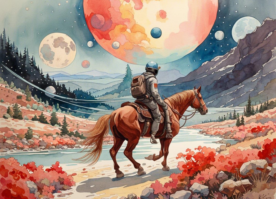 Cosmic Western Masterpiece in Whimsical Watercolor