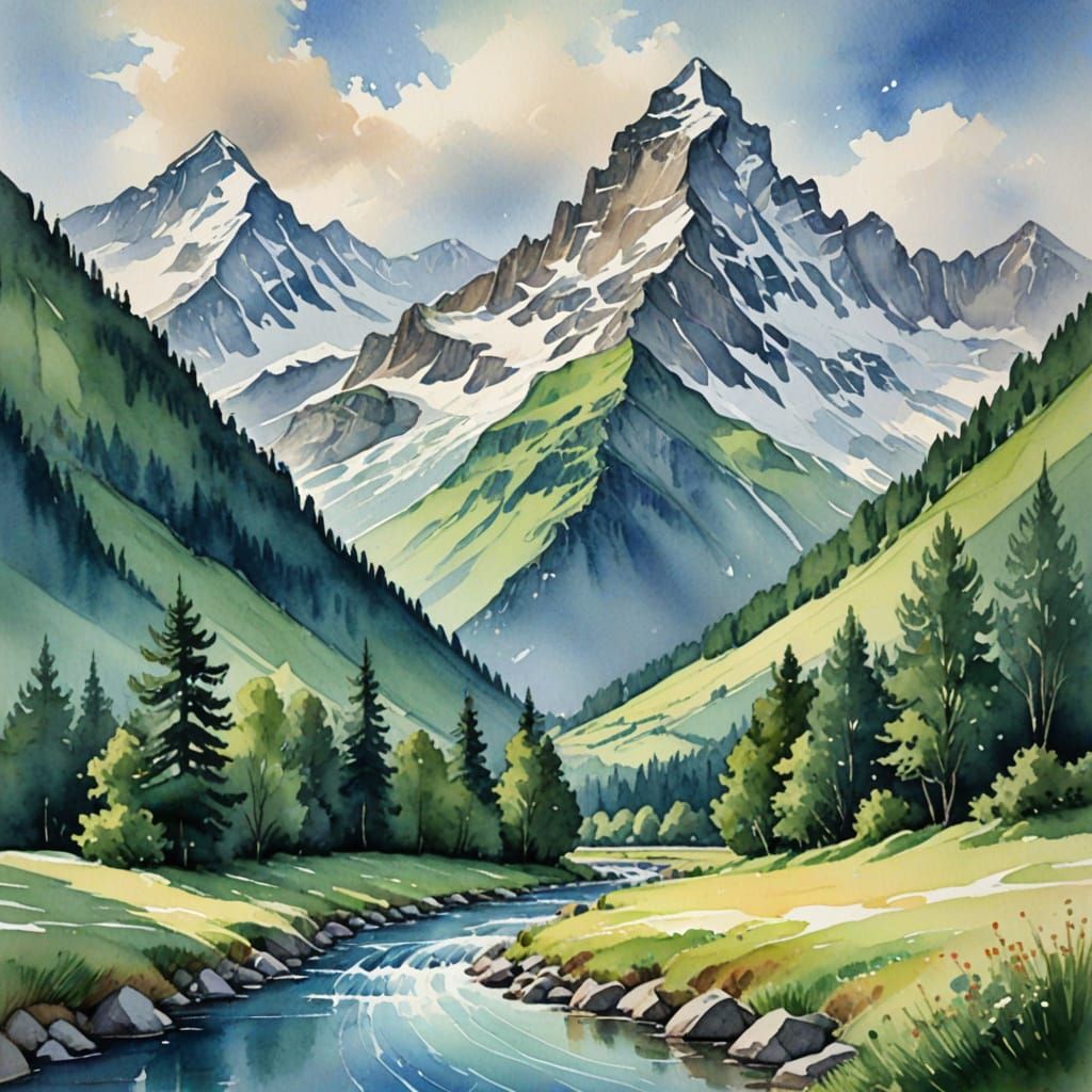 Majestic Swiss Alps Watercolor Landscape