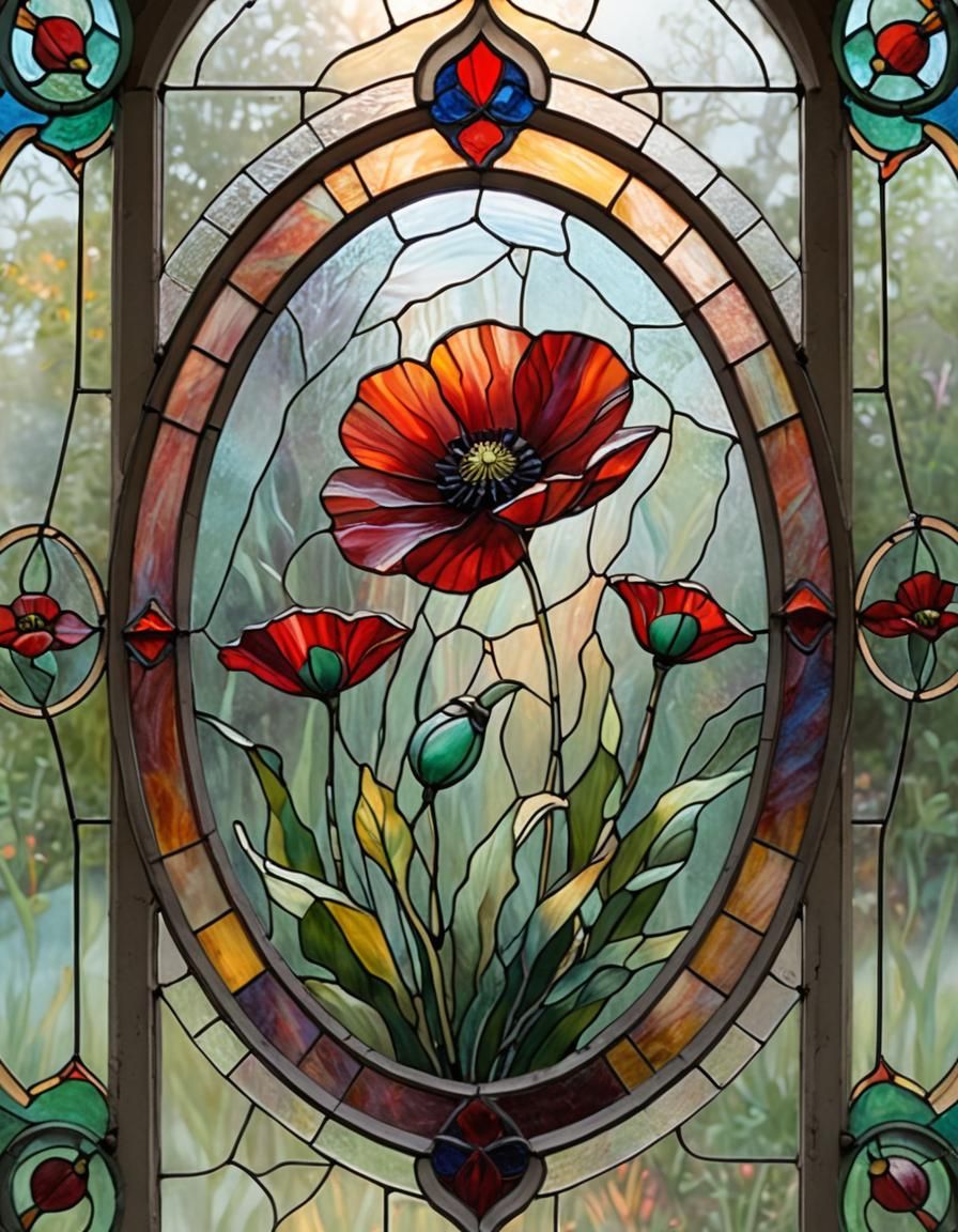 Ethereal Stained Glass with Red-Iceland Poppy in Delicate Ov...