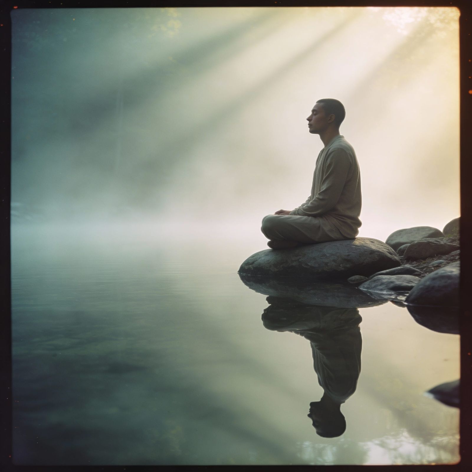 Serene Figure by Still Water in Foggy Landscape