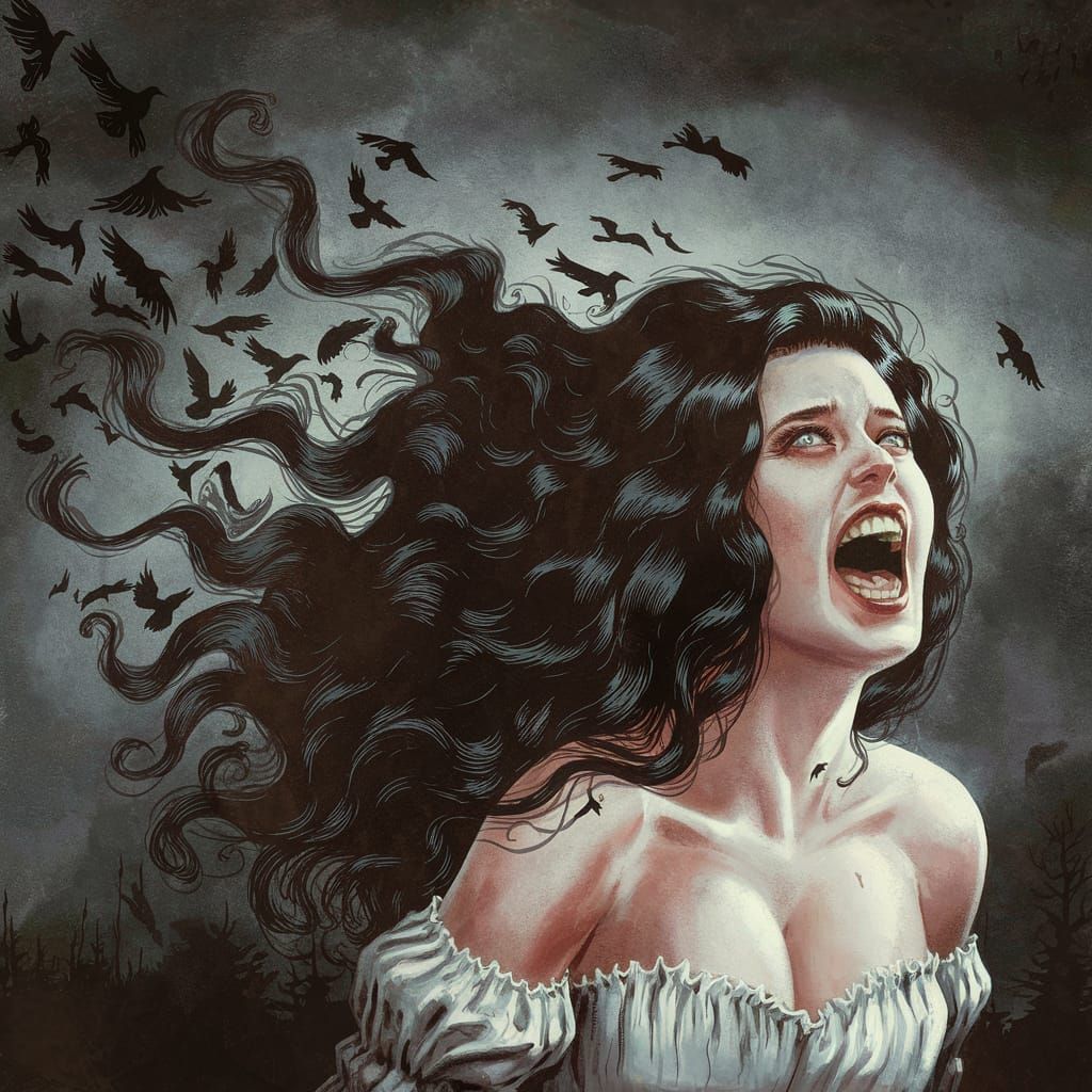 Beautiful Woman Transforms into Dark Winged Crows in Gustave...