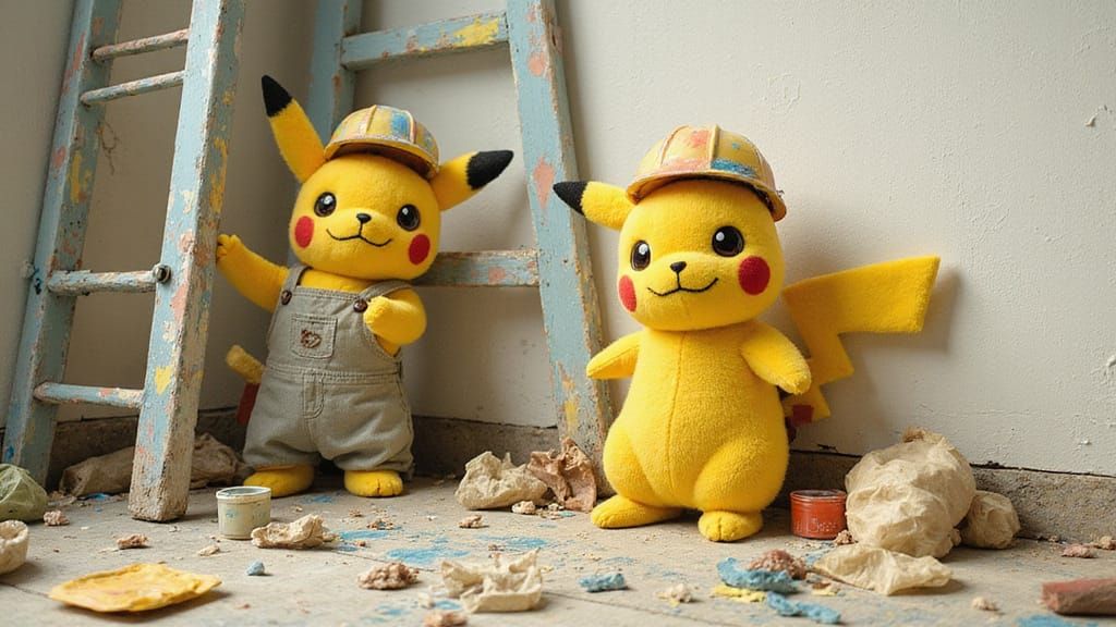 Pikachu Plushies Painting a House