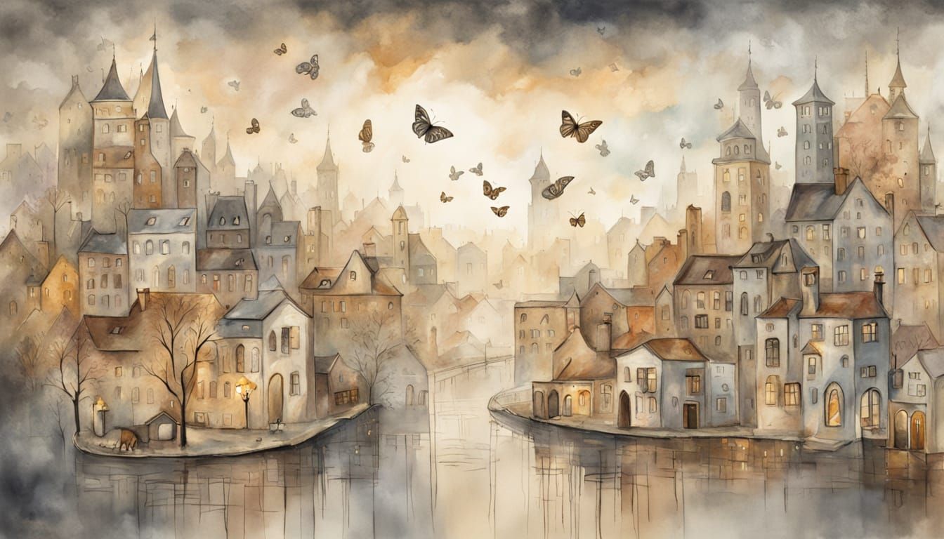 Whimsical Striped Kitty in Dreamlike Cityscape